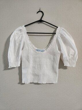 Hill House “The Aiko Nap Top” Smocked Bodice & Puff Sleeves Top White size small